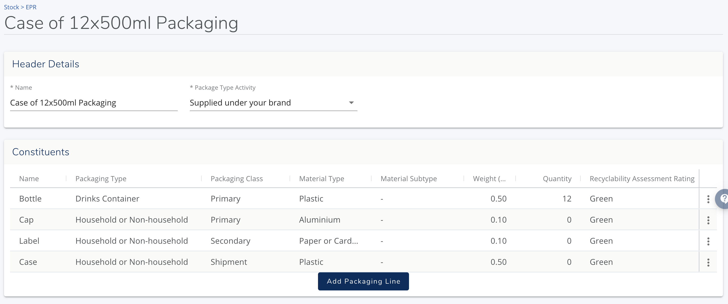 Screenshot of EPR BoM configuration showing Name, Package Type Activity, and constituent parts