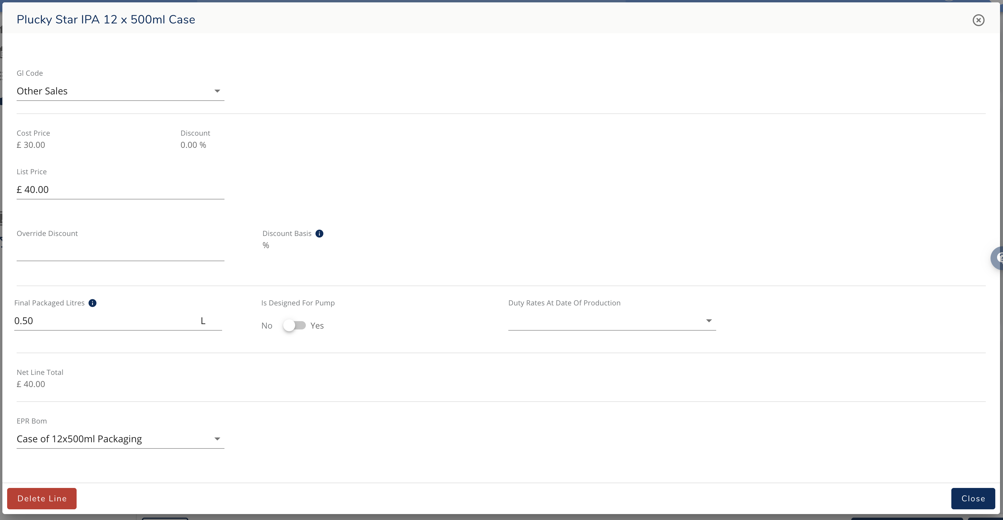 Screenshot showing EPR BoM automatically included in order line details