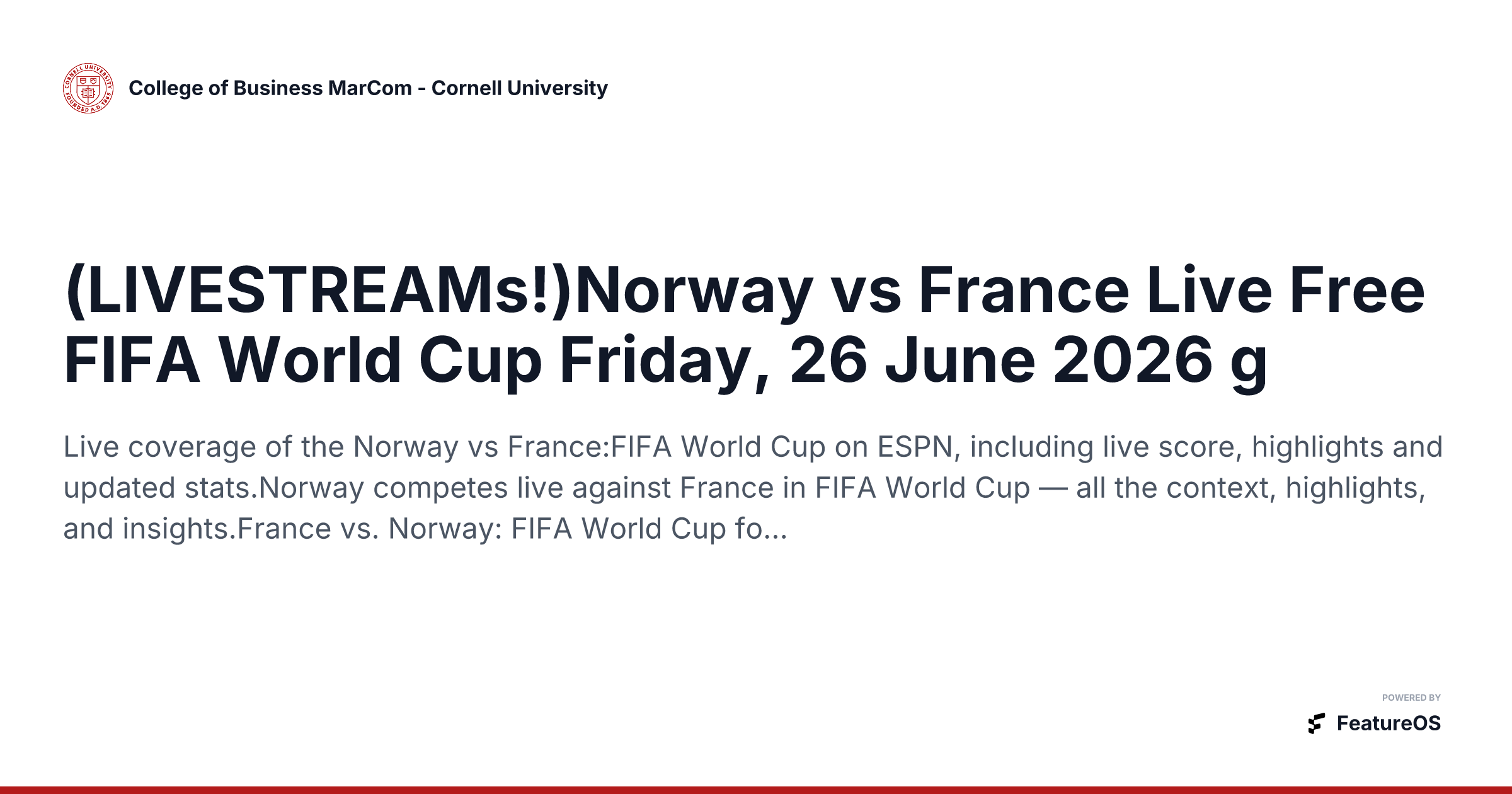 (LIVESTREAMs!)Norway vs France Live Free FIFA World Cup Friday, 26 June 2026 g | College of Business MarCom - Cornell University